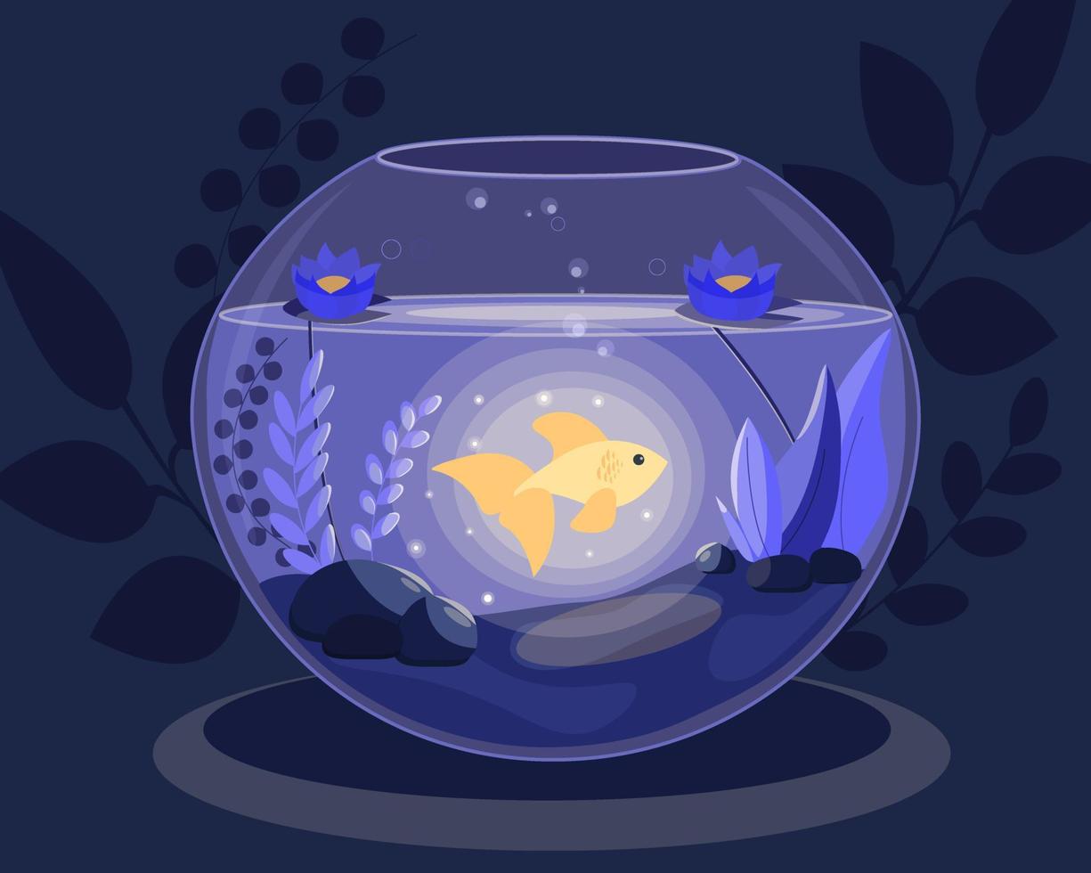 Glowing golden fish in the transparent aquarium vector