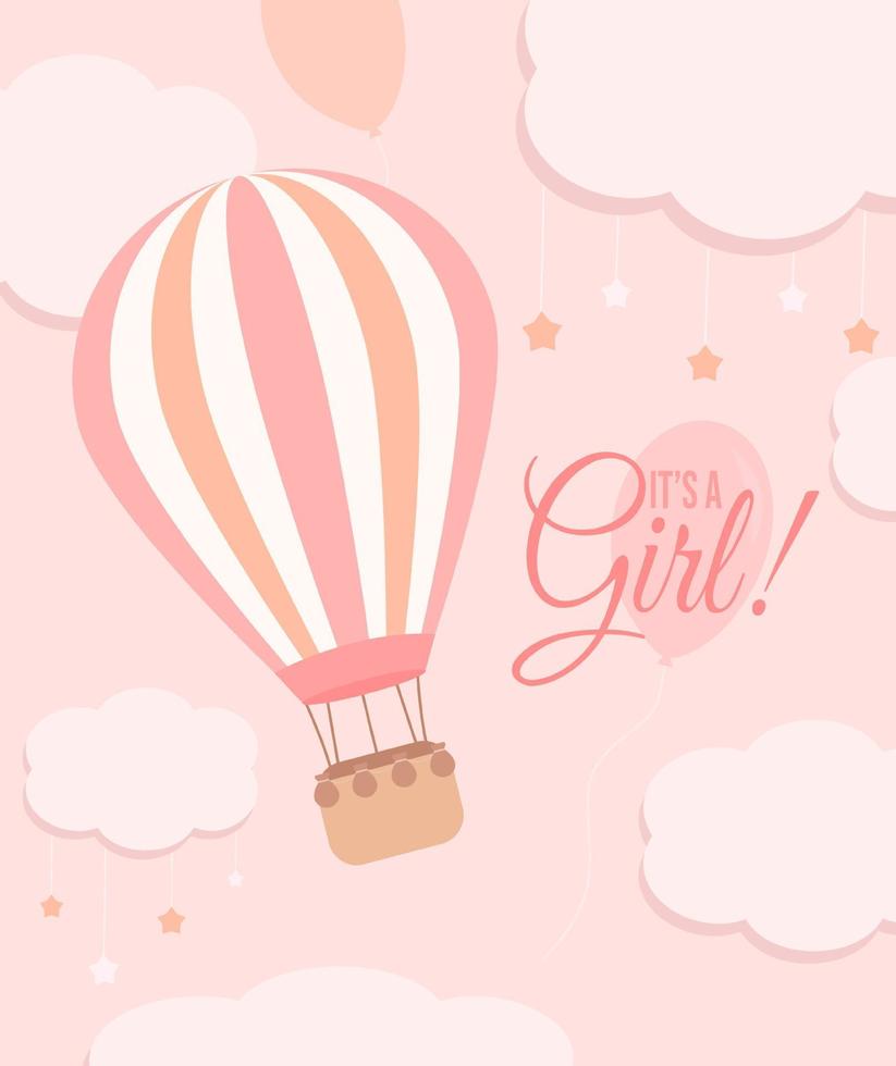 It's a girl baby shower card with a hot air balloon and clouds with a stars on the pastel pink background vector
