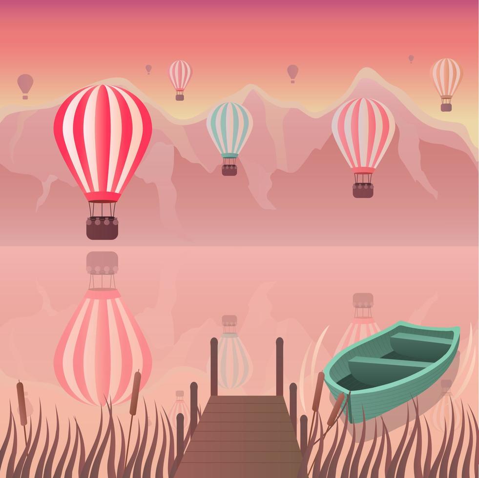 paisaje de montañas y globos aerostáticos de colores vector