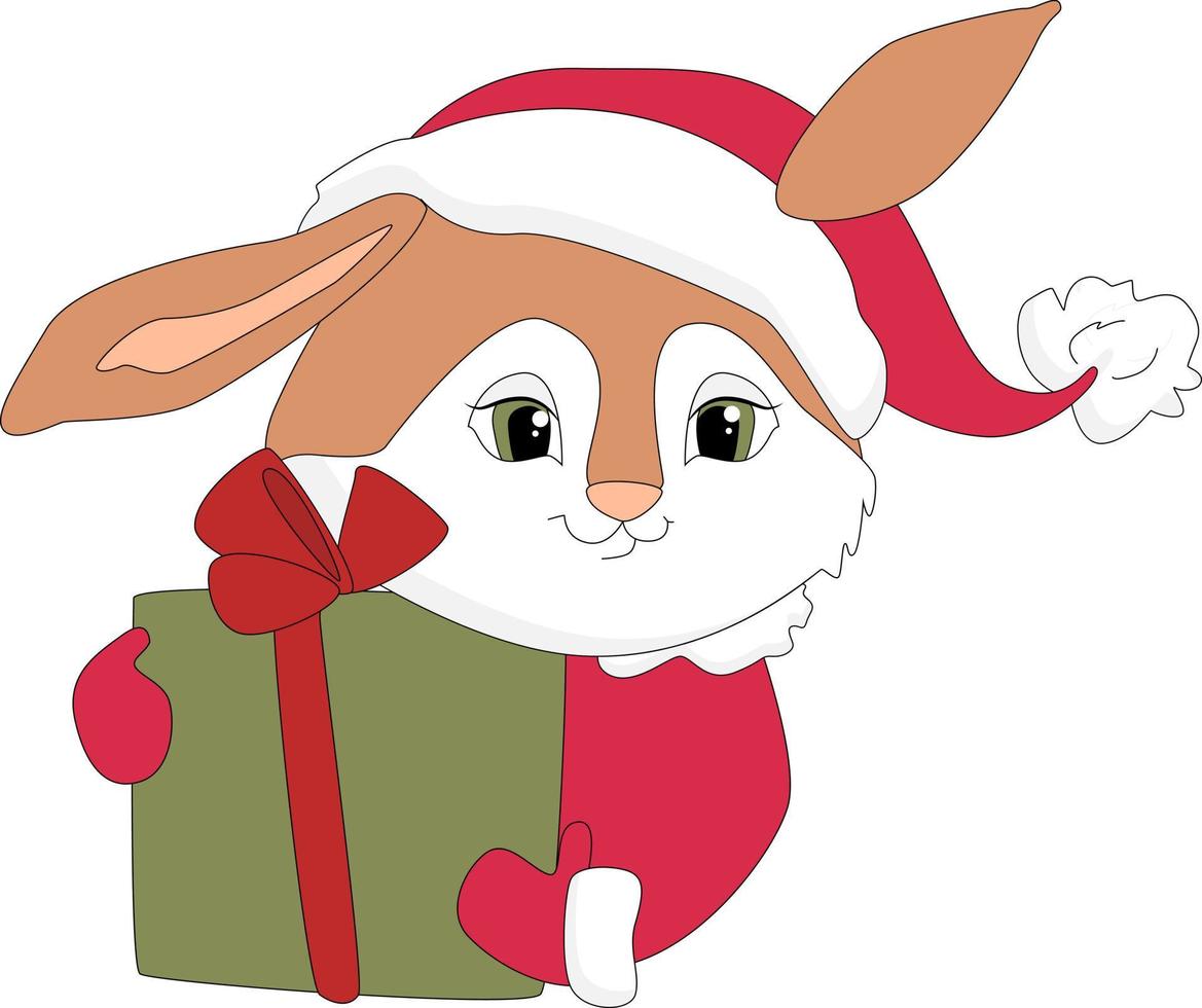 Little rabbit in a Santas hat with Christmas gift. 2023 new year vector