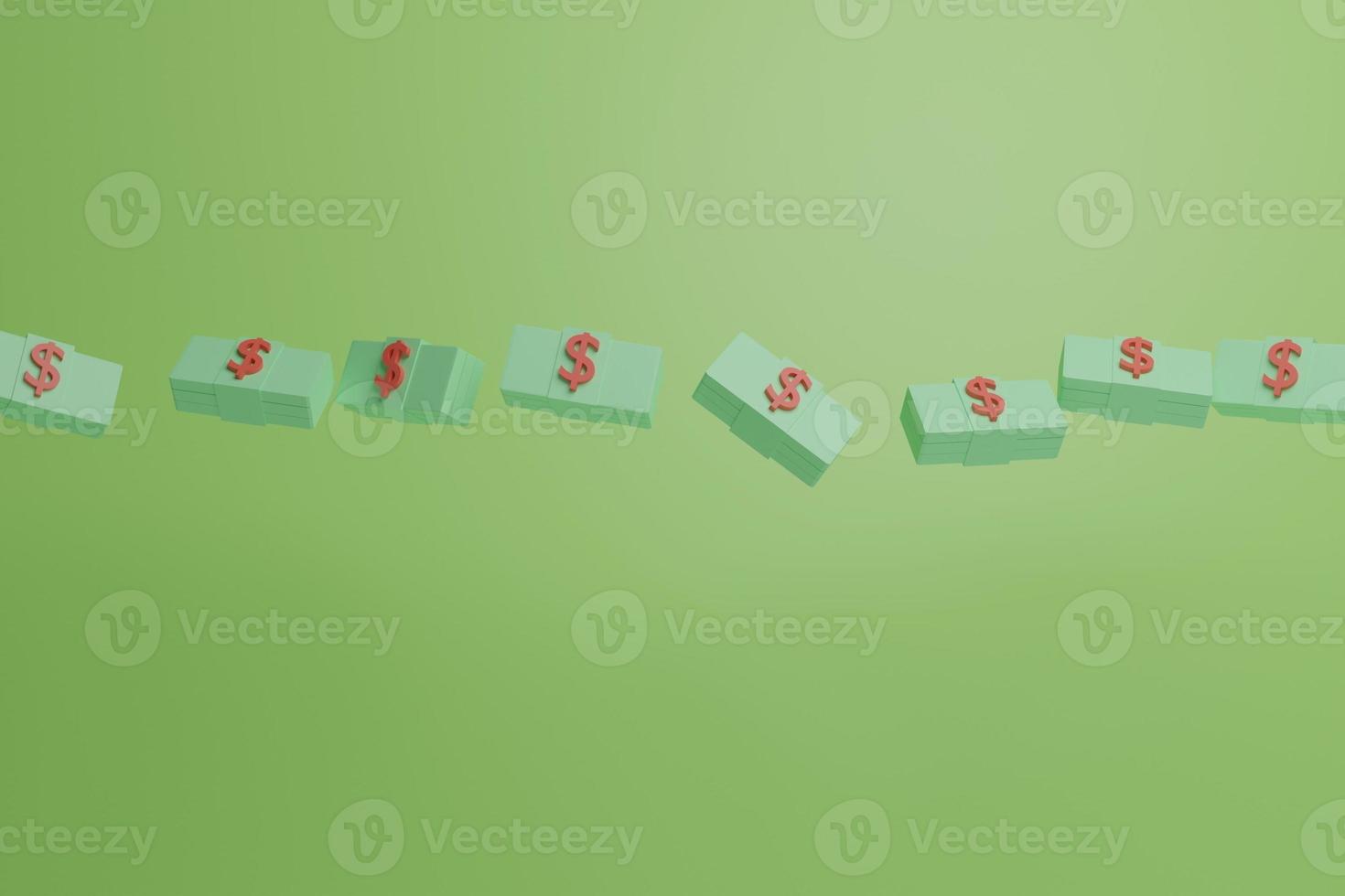 Dollar bills floating across a green background.3d render illustration with soft lights. photo