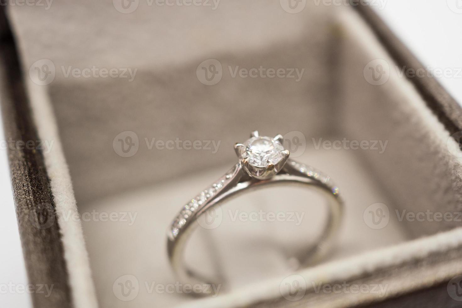 close up luxury wedding diamond ring in jewelry gift box photo