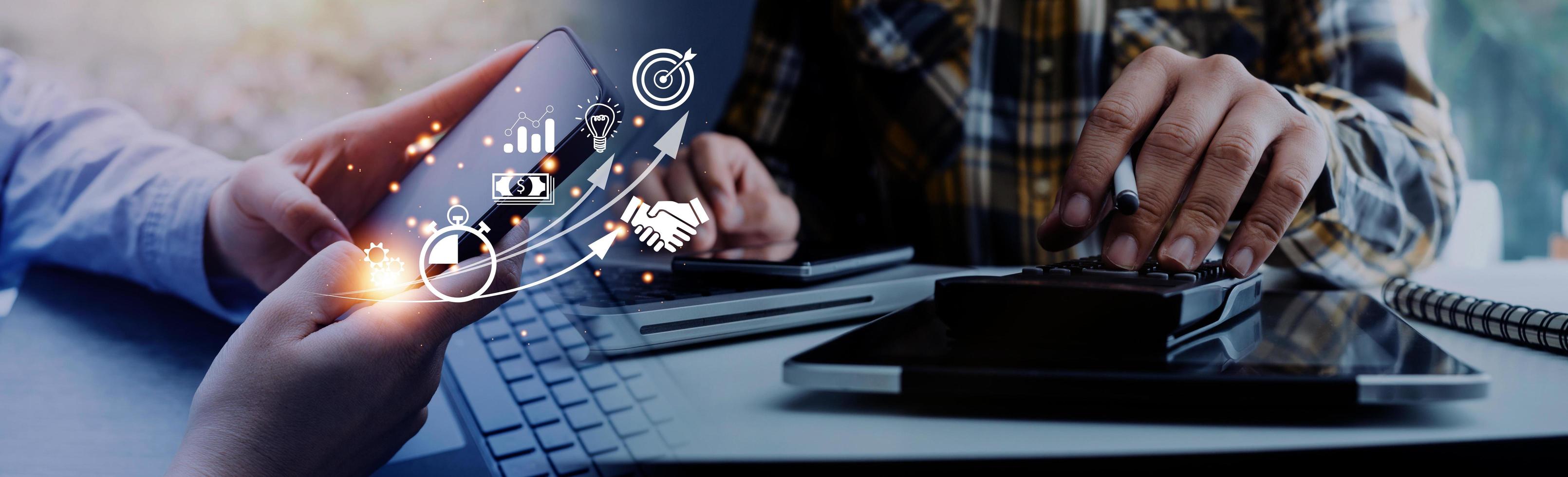 Man using mobile online banking and make payment, Business people using mobile phone with credit card, Mobile banking network, online payment, digital marketing, business technology. photo