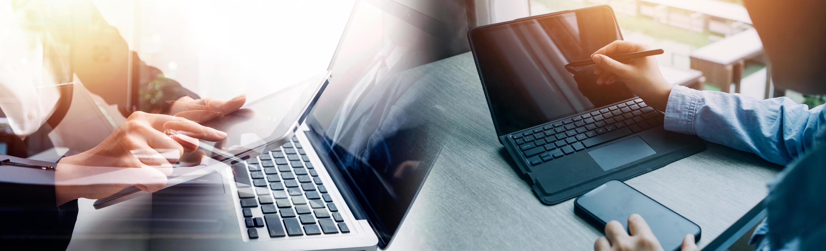 Businessman hands working with finances about cost and calculator and laptop with tablet, smartphone at office in morning light photo