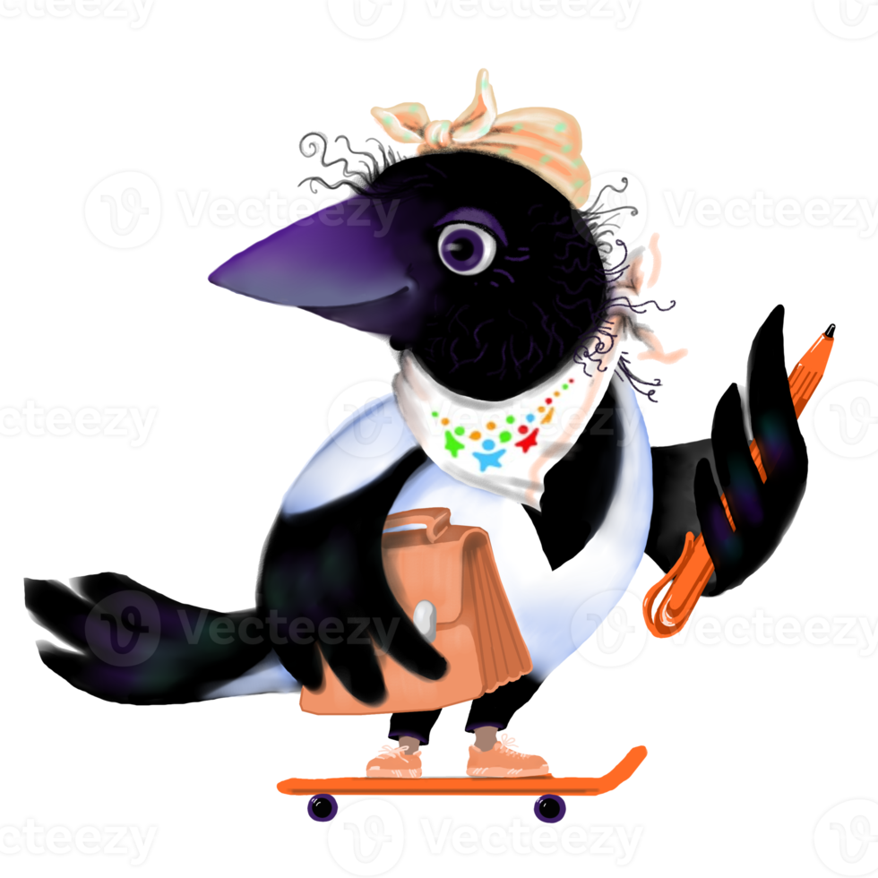the humanized magpie loves a skateboard and holds a briefcase and a pen like a businessman. png