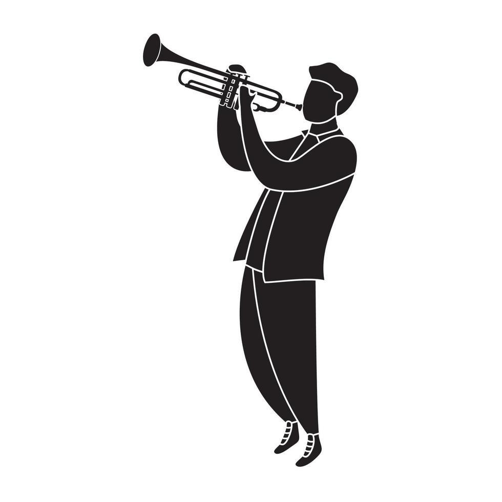 The black Silhouette man musician plays the trumpet. Modern flat vector