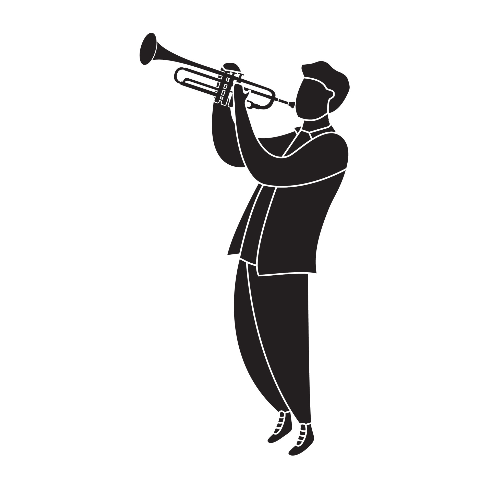 The black Silhouette man musician plays the trumpet. Modern flat