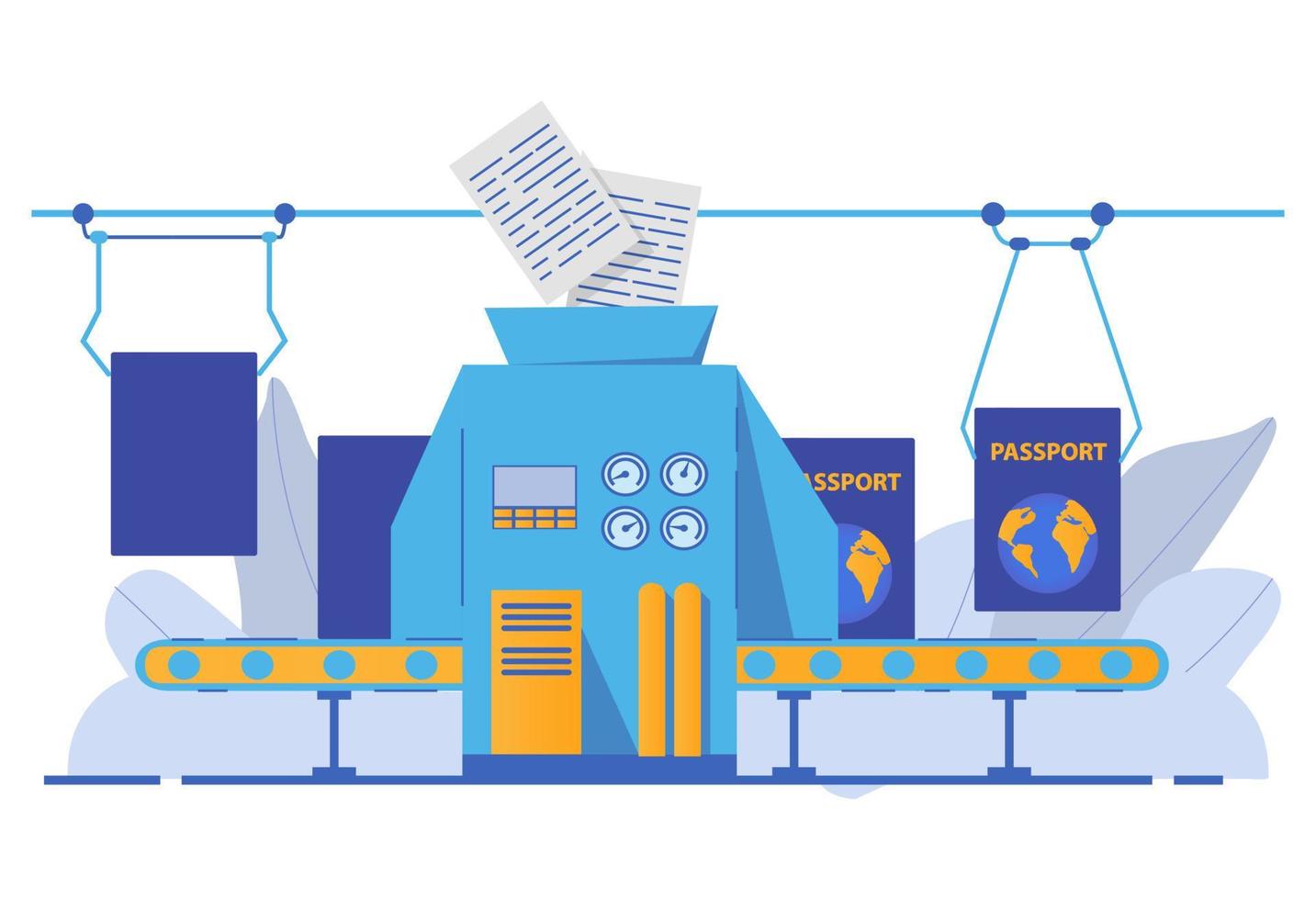 Paperwork passport with biometric data.Conveyor manufacturing document.Map of the planet earth.Flat illustration vector. vector