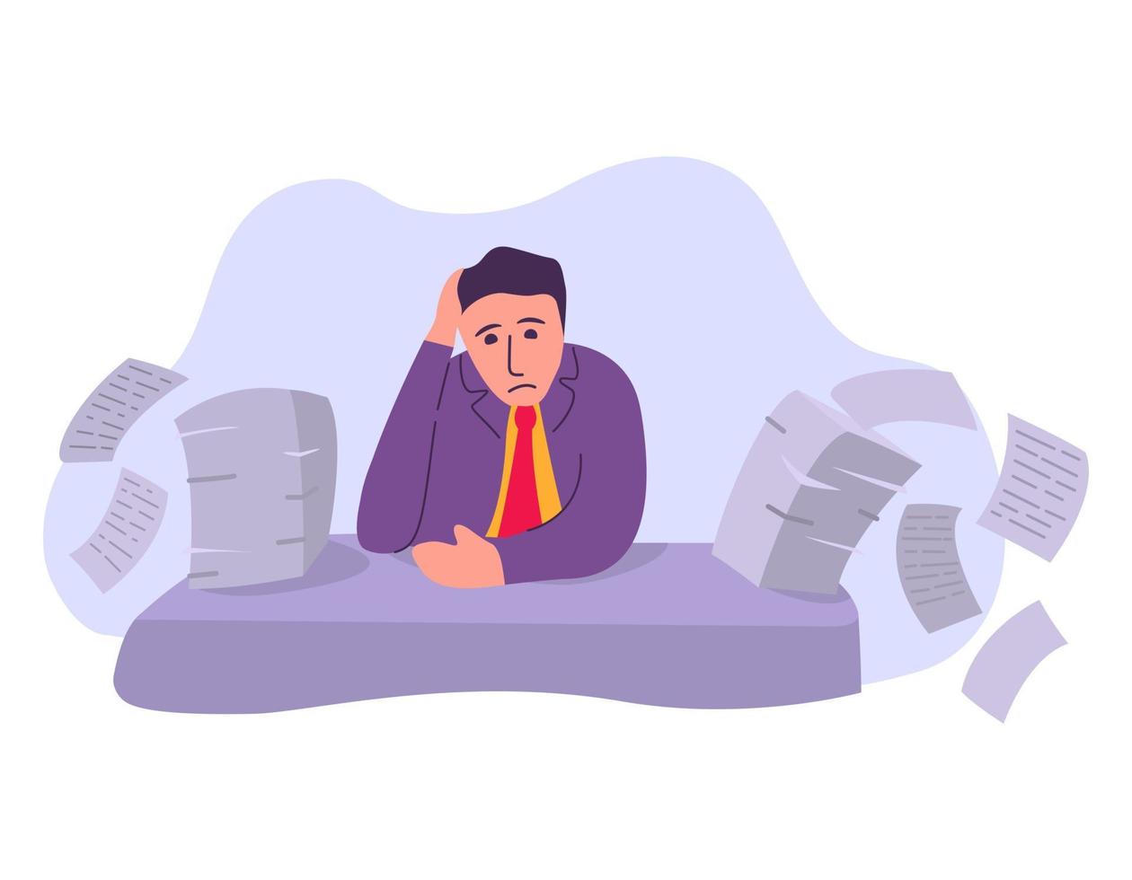 Man overwork in office deadline.Manager sitting at desk with stack of documents.Businessman holding hand on head.On office table with document - paper pile of work. Concept for stress vector flat.