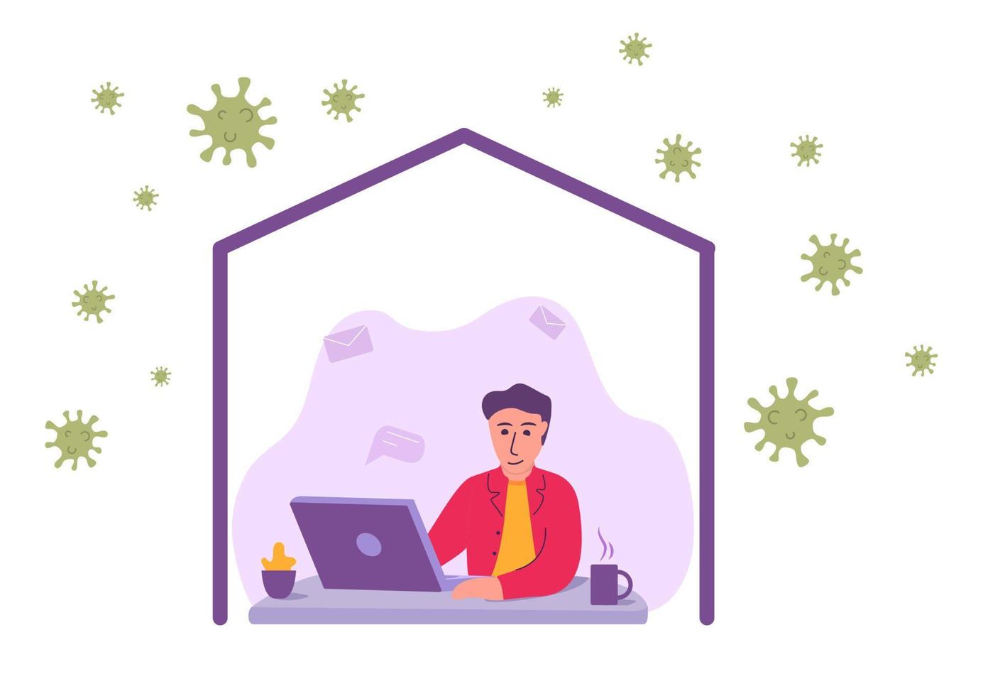 The guy stay at home.Freelancer is working on a laptop.Coronavirus pandemic infection.Quarantine self isolation. Man sitting home.Flat vector illustration