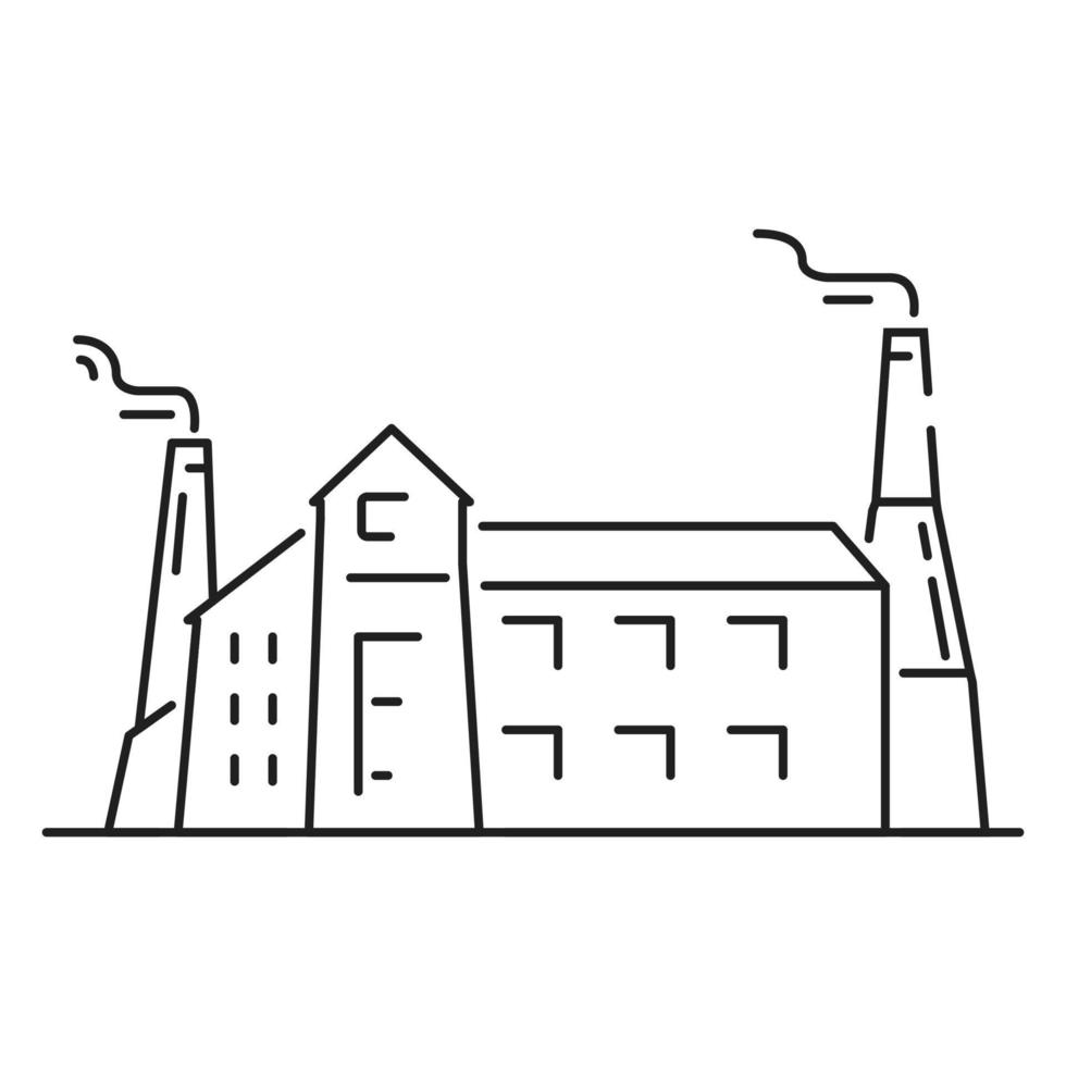 Factory building outline icon. Industrial  architecture. Factory with pipes vector isolated on white background.Building facade.