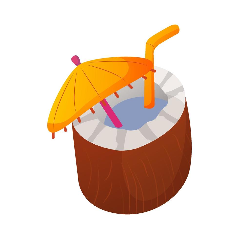 Tropical coconut cocktail with  straws and umbrella. Juice exotic fresh in coco. Isolated object for summer tropical beach party.Vector illustration. vector