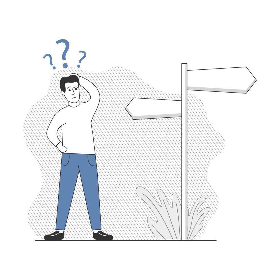 Choice way signpost.Man standing difficult choice.Where is the direction to go.Young man at road pointer.Outline character  question .The guy thinks.Vector flat.Line Art Style. vector