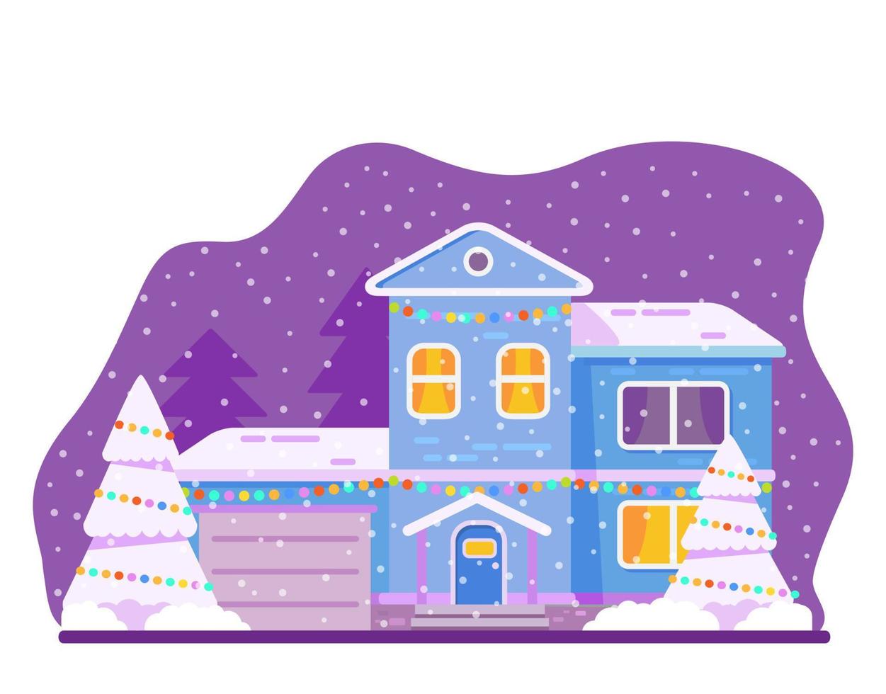 Christmas home facade decorated garland in snowfall.Flat vector illustration.Wooden country house.Night suburban house with Christmas trees decorated with light garlands.