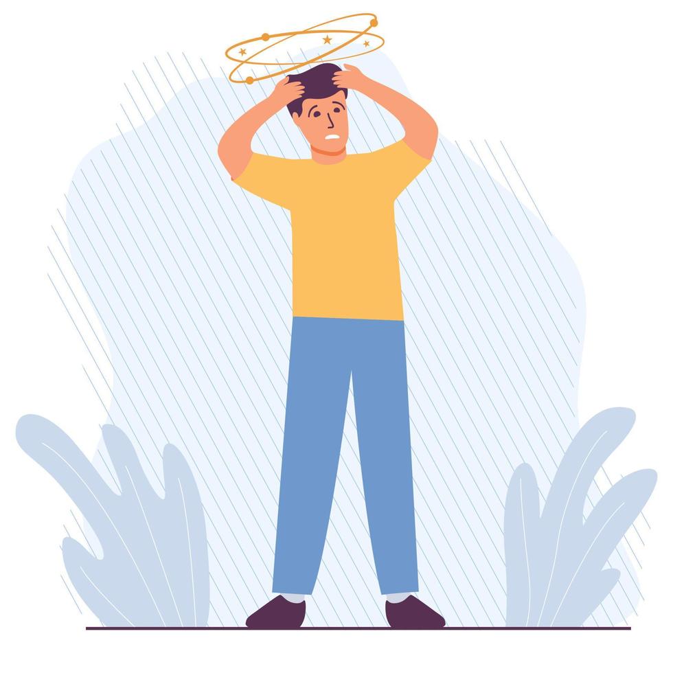 Sick guy suffering from vertigo.Man character dizziness.Man feeling vertigo. Person suffering from head ache.Isolated on white background.Vector flat illustration. vector