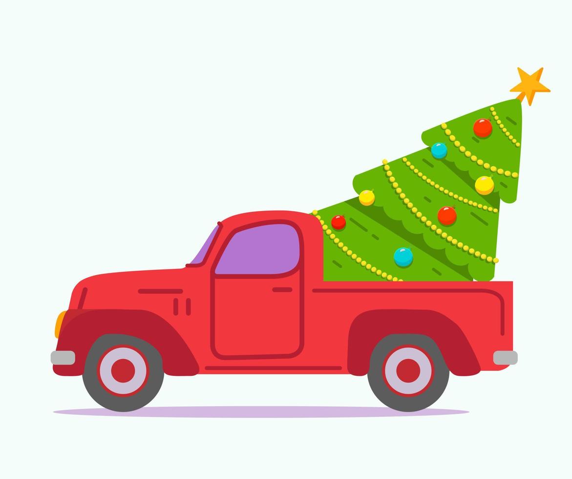 Christmas tree with garlands and balls.Vector flat illustration.Isolated on white background.Retro pickup with christmas tree.Red truck car. Happy New Year symbol.Christmas tree delivery. vector