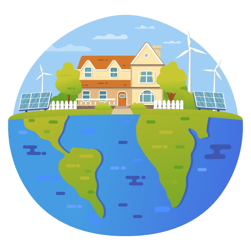 Eco energy renewable house. Solar, wind power. Planet map. Vector illustration. Eco-friendly home.Urban landscape. Solar energy,wind power. Alternative energy house.