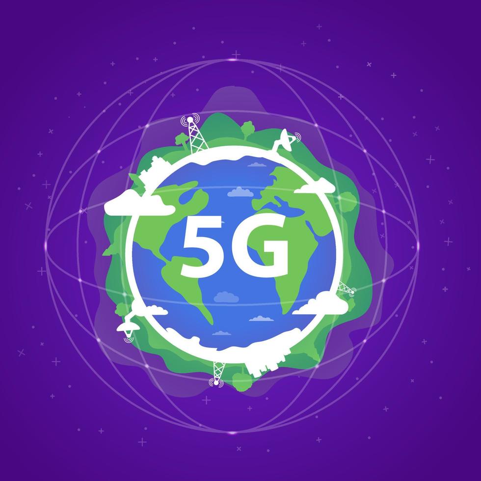 World global 5G network wireless technology planet Earth.Satellites communication and antennas.High-speed internet technologies,big data.Smart cities broadband telecommunication.Map with the mainland. vector