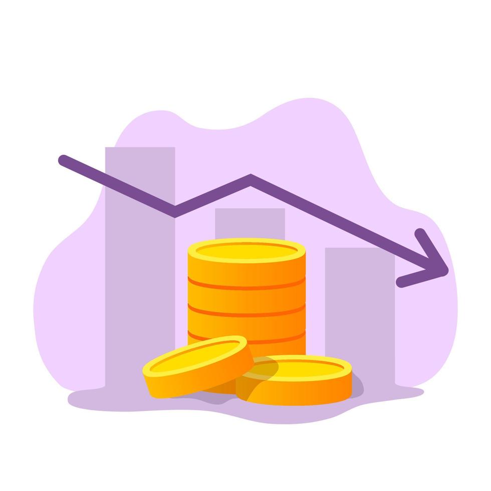 Economic crisis recession. The collapse of the economy. The fall of the exchange. Golden coins. Vector illustration.Business finance reduction chart.Recession diagram.