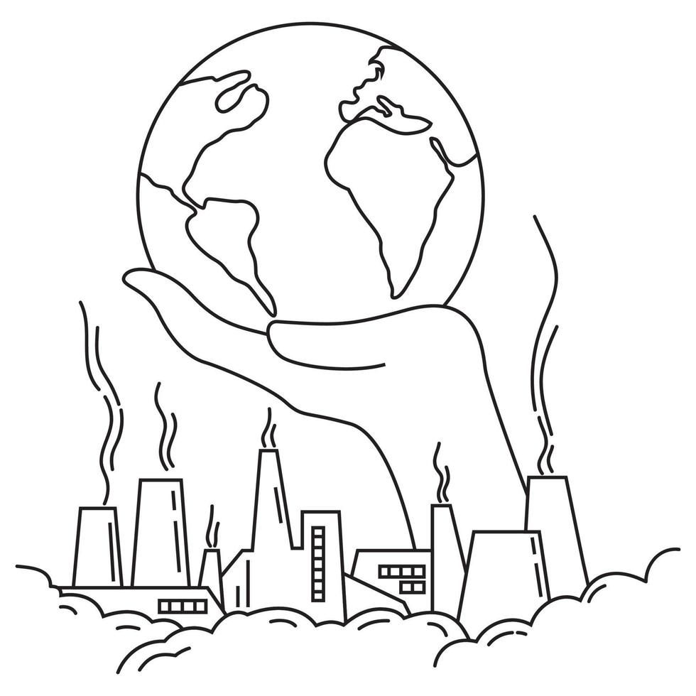 proteccion Ambiental. Fábricas humeantes contaminación. la mano sostiene el  planeta tierra. contaminación ambiental. edificios de fá sobre  un fondo blanco. esquema vectorial ilustración  el mundo.  12523074 Vector en Vecteezy