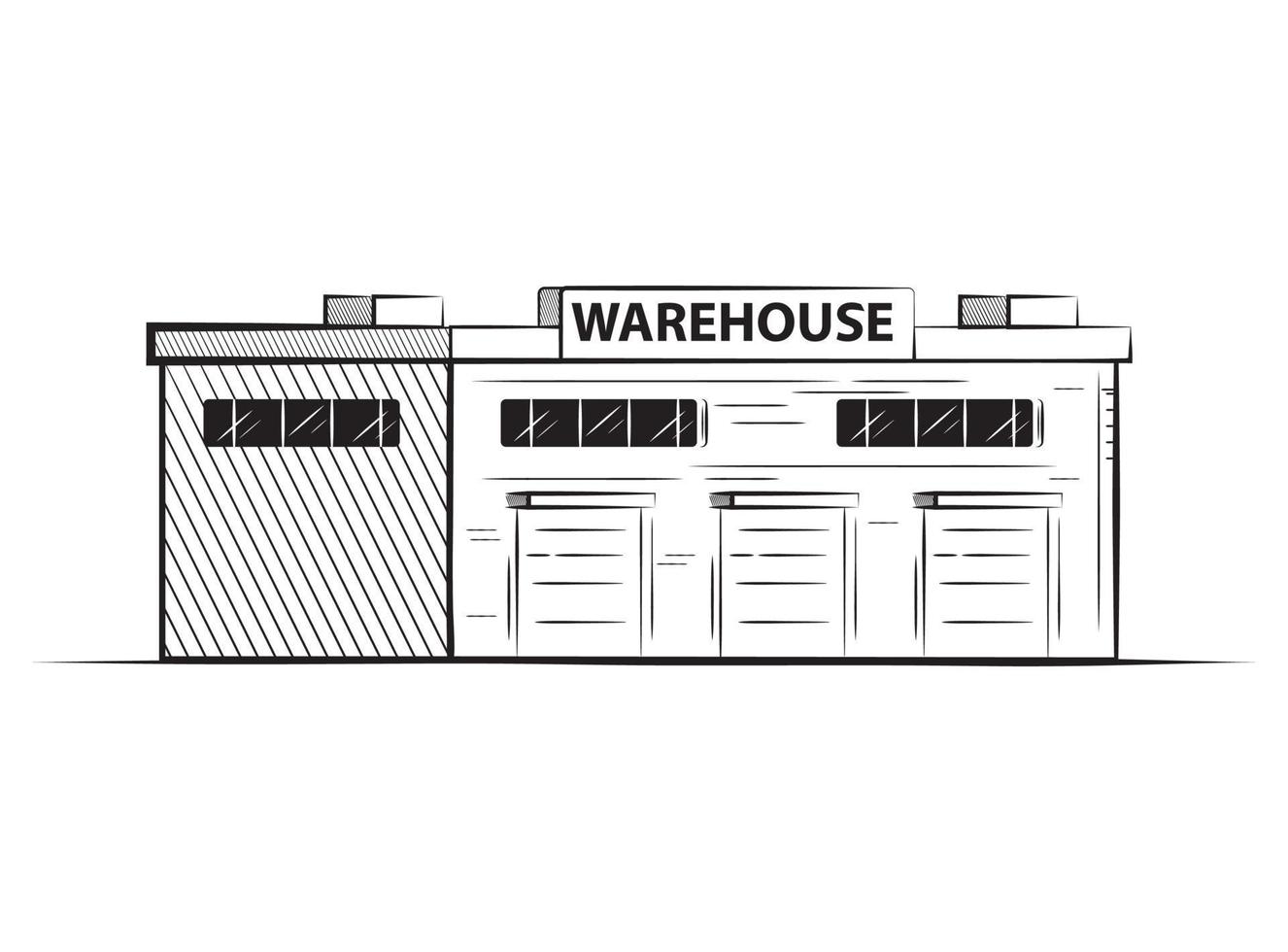 Warehouse hand drawn building.Vector  illustration black ink.Storage unit.Architectural sketch.Isolated on a white background. vector