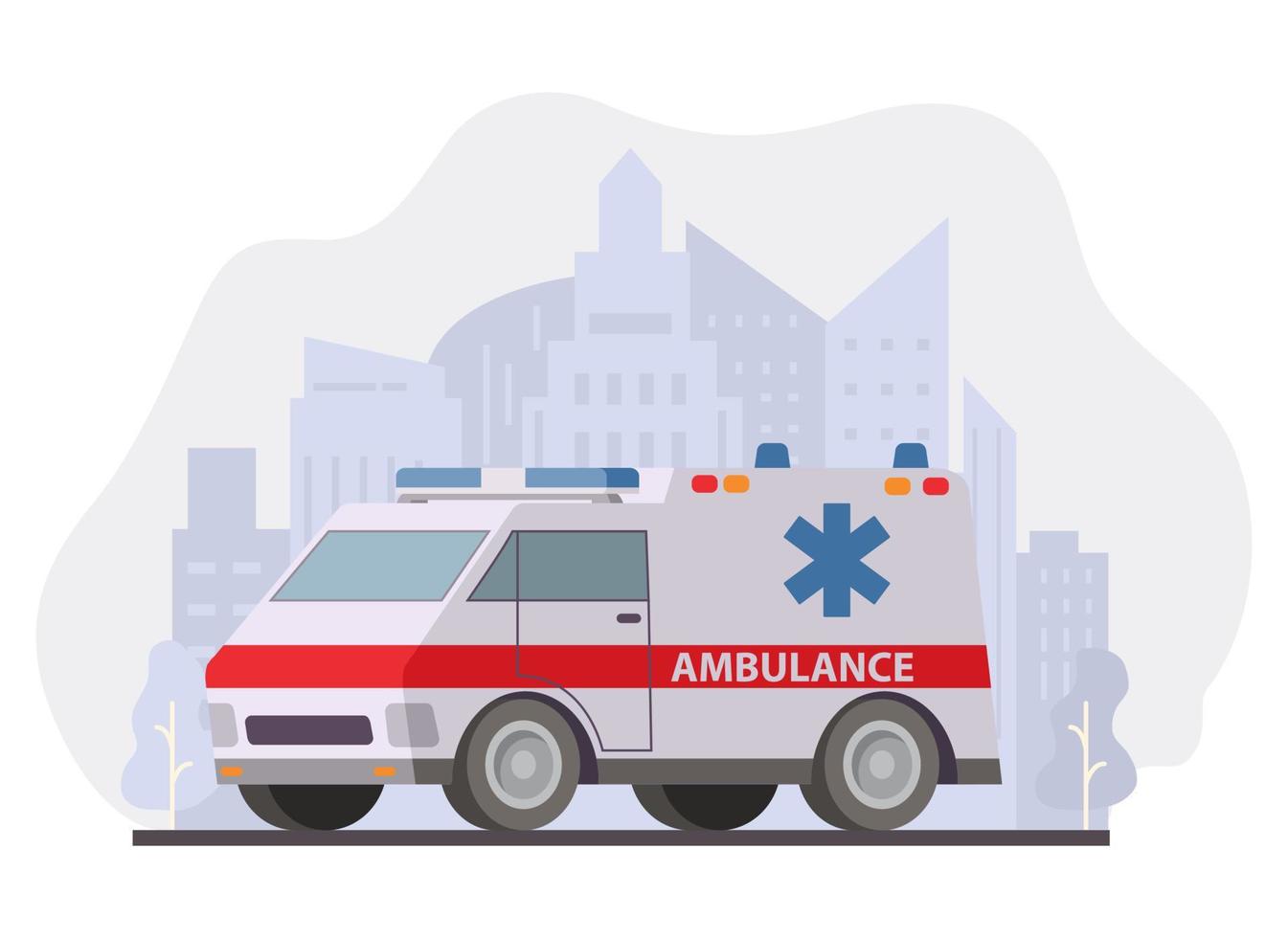 Ambulance van.First aid car.Emergency car.Medicine vehicle.Silhouette city with skyscrapers on the background.Vector modern flat style. vector