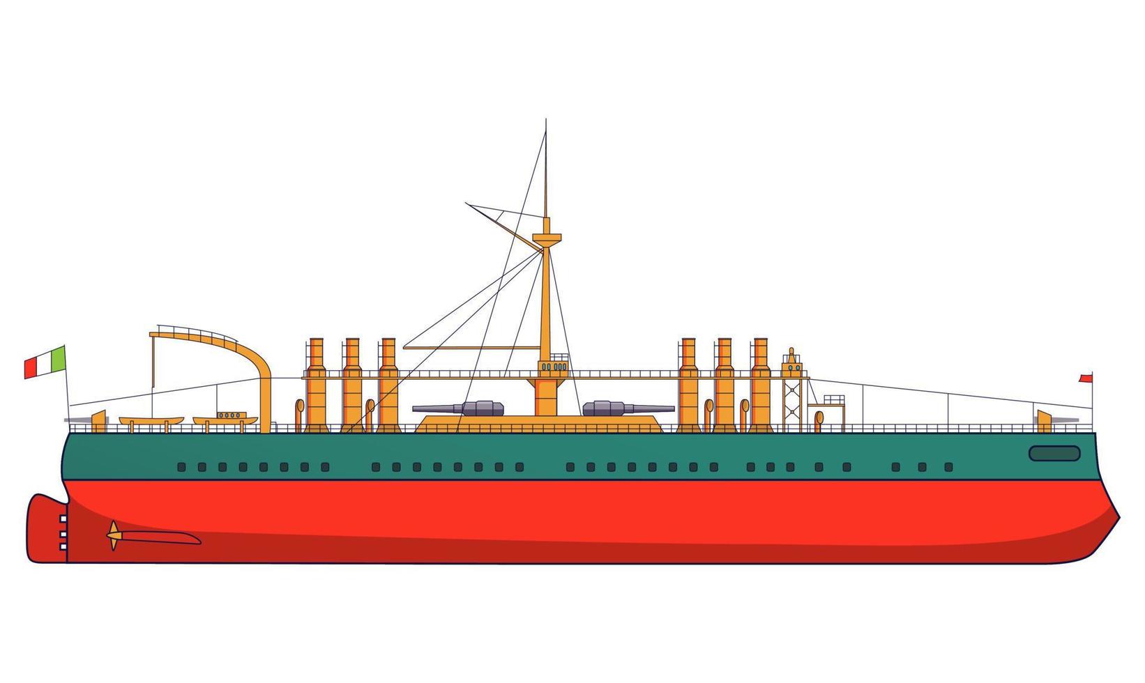 Italian battleship Italy combat naval artillery. Military ship with guns side view and top view. Line art flat vector illustration.Armored warship.Isolated on a white background.