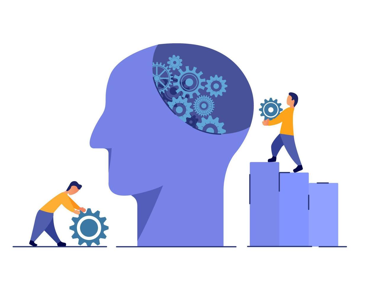 Mental health medical treatment. Tiny people design. Psychological help. Psychological trauma concept. Human head with gears. Determining the causes of mental disorders. Brain problems.Vector flat. vector