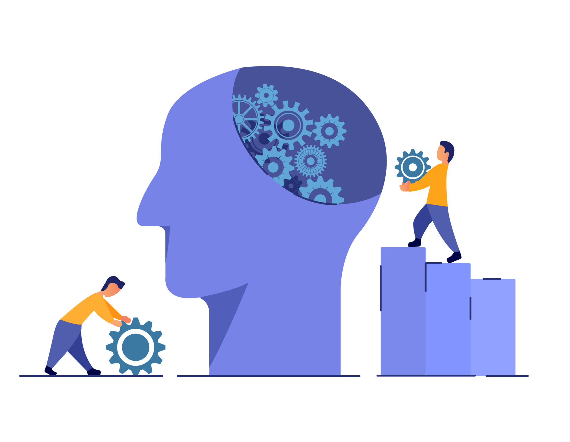 Mental health medical treatment. Tiny people design. Psychological help.  Psychological trauma concept. Human head with gears. Determining the causes  of mental disorders. Brain problems.Vector flat. 12523145 Vector Art at  Vecteezy