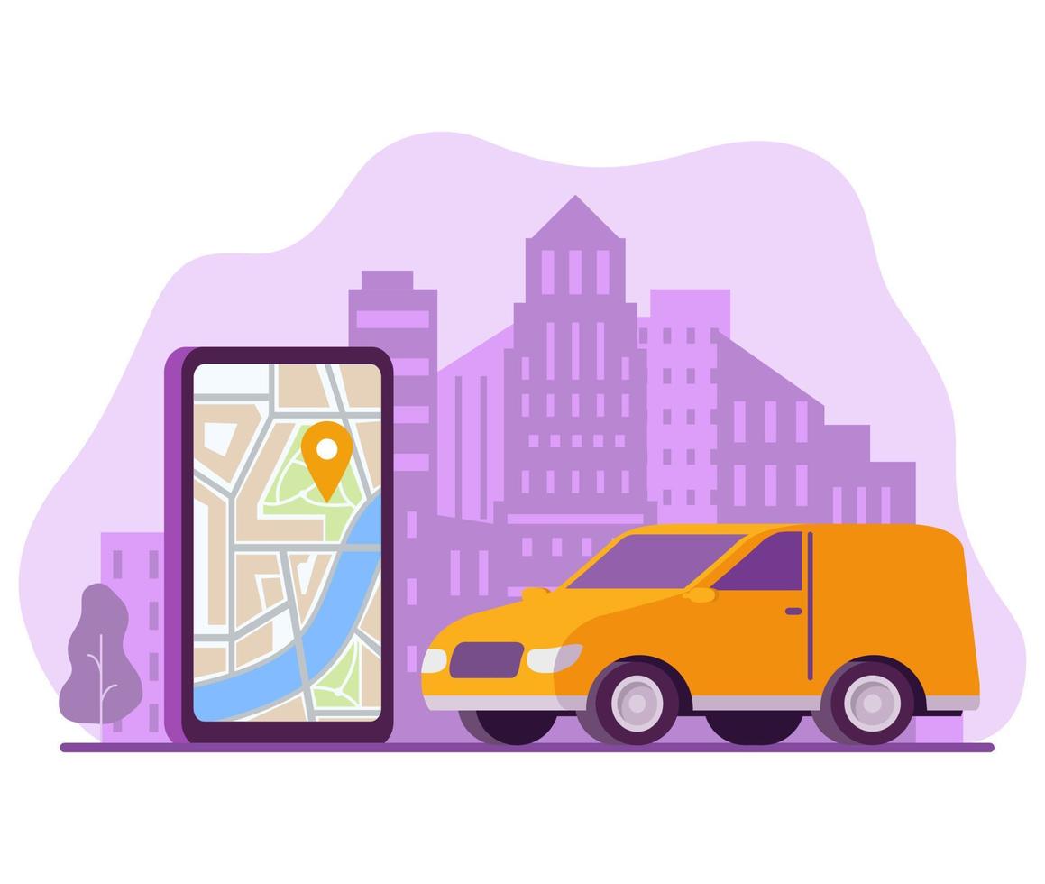 Online delivery phone.Online order tracking with map.Delivery service app on smartphone. City skyline in the background.Freight car.Vector flat illustration.Transport logistics concept vector