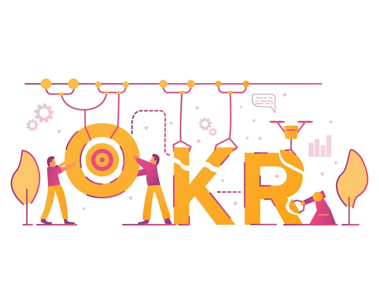 Business concept objectives and key results-OKR. Lettering illustration with big word or text.Teamwork success.Group of business people working. vector