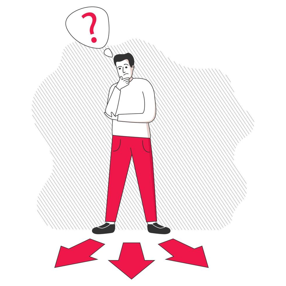 Choice way.Man standing at crossroads arrows.Guy standing choice of ways. Outline character question marks above his head. .Vector flat illustration.Line Art Style.Man chooses vector