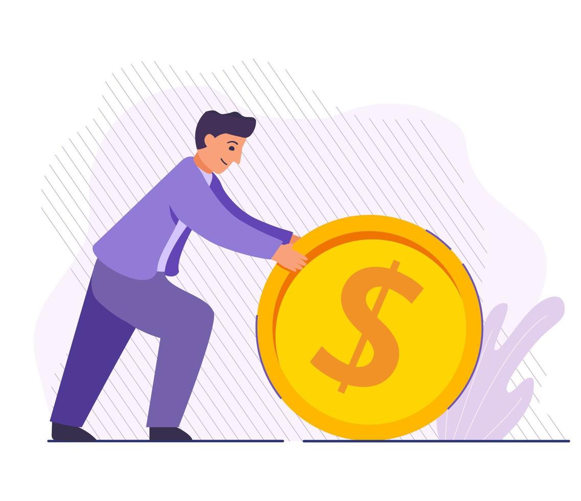 Businessman rolling coin. Investing money concept. Successful businessman pushing golden dollar.Manager character roll dollar for investment. Save money. Vector flat illustration.