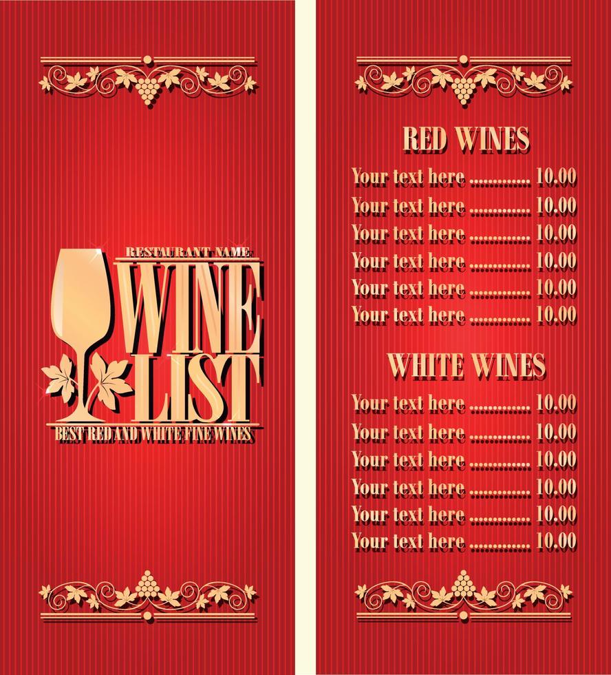 Best red and white fine wines. Vintage wine list long menu. Red background vector