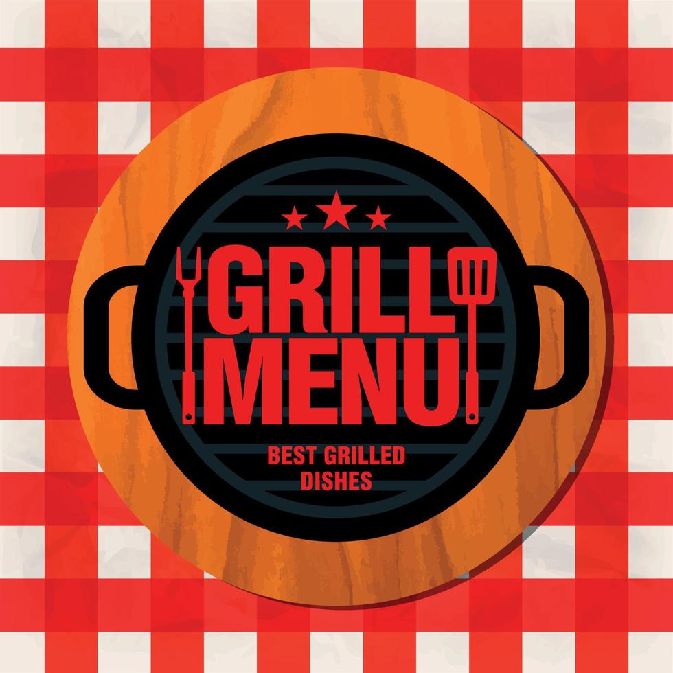 Grill menu. Best grilled dishes. Grill on a wooden stand on a red tablecloth vector