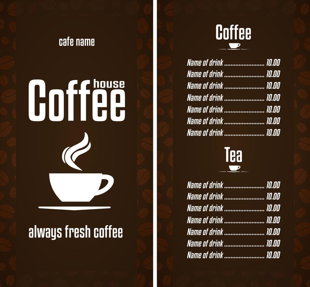 menú de la cafetería. café siempre fresco. fondo marrón vector
