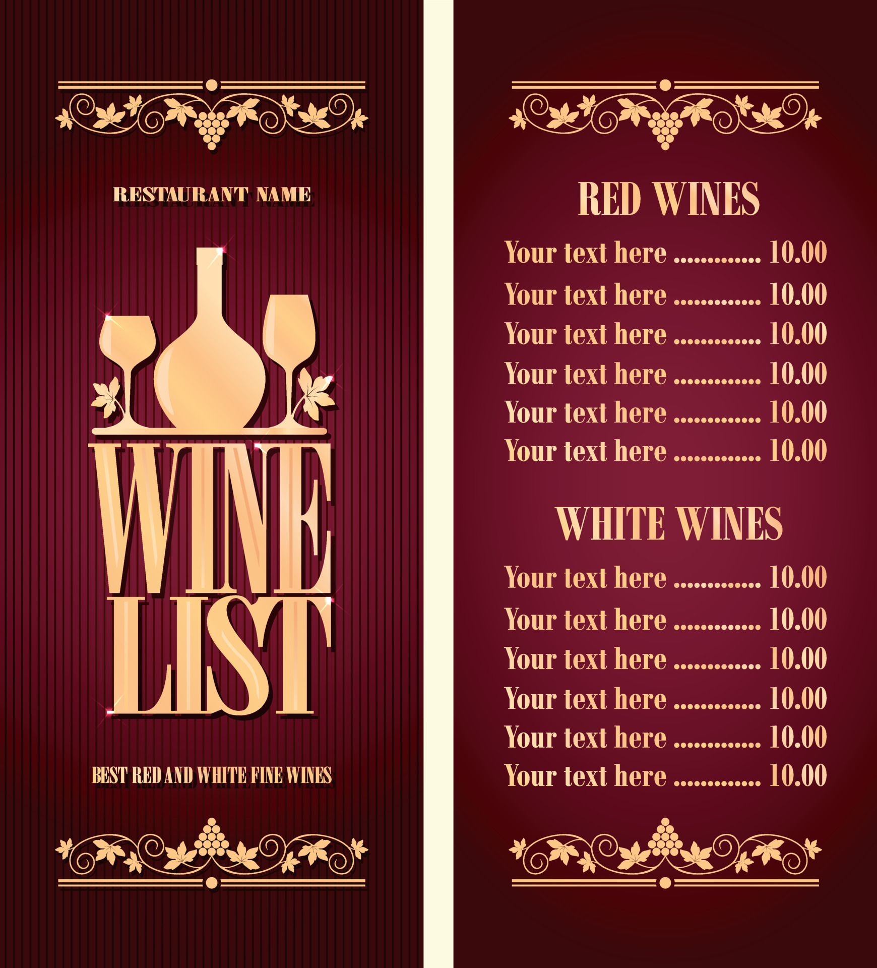 Best red and white fine wines. Vintage wine list long menu. Violet