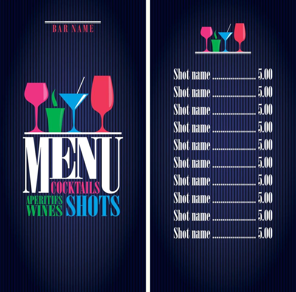 Bar design menu. Drinks, cocktails, aperitifs wines, shots menu vector