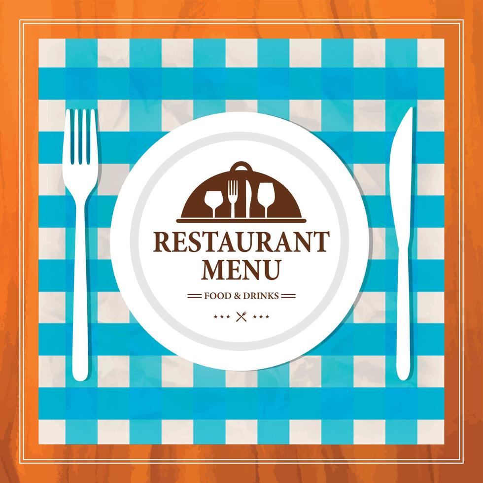 Restaurant menu on a retro style. Plate, fork, knife, cutlery on blue checkered tablecloth. Menu template vector