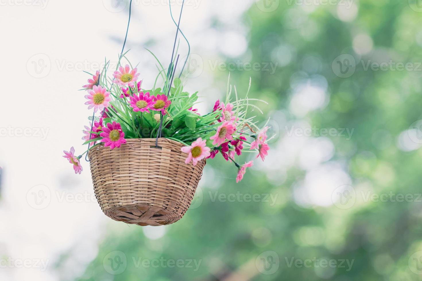 Maceta de flores colgantes de plástico en el paisaje, fondo de naturaleza bokeh foto