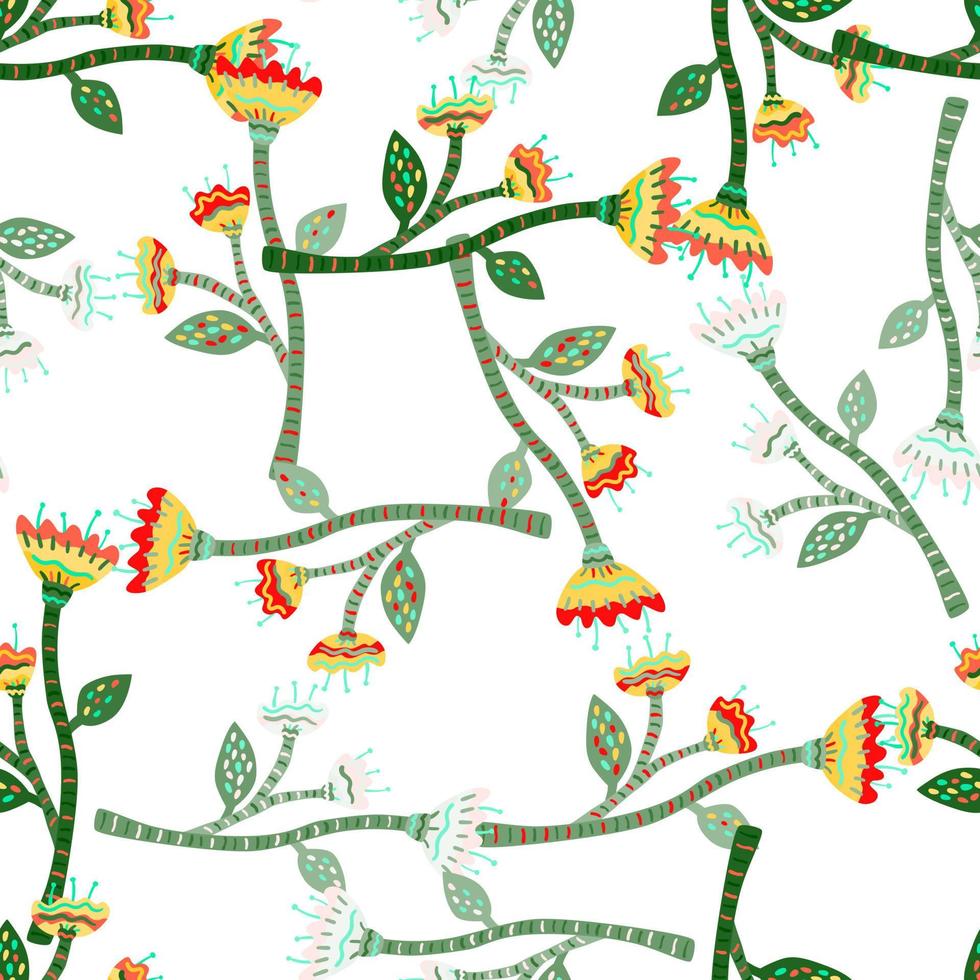 Abstract flower seamless pattern in naive art style. Beautiful floral wallpaper. Cute plants endless backdrop. vector
