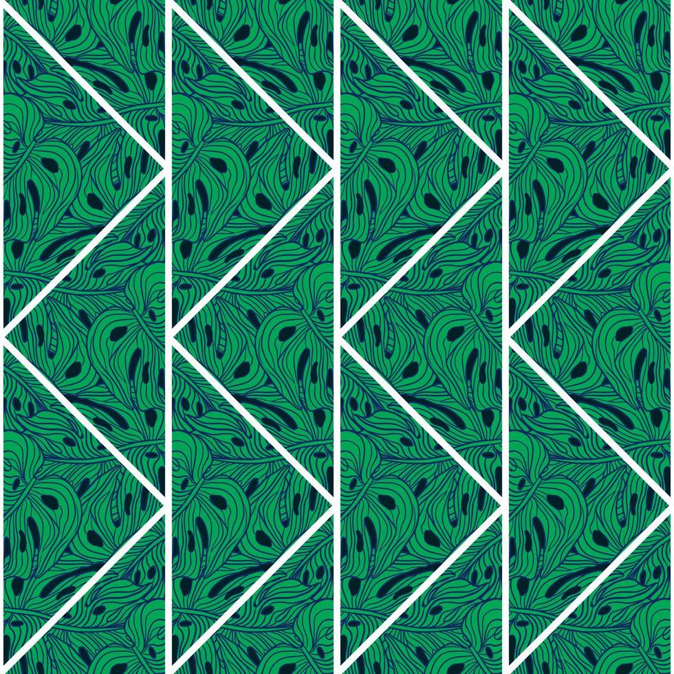 Vintage monstera mosaic seamless pattern. Contoured outline palm leaves tile. Botanical endless wallpaper vector