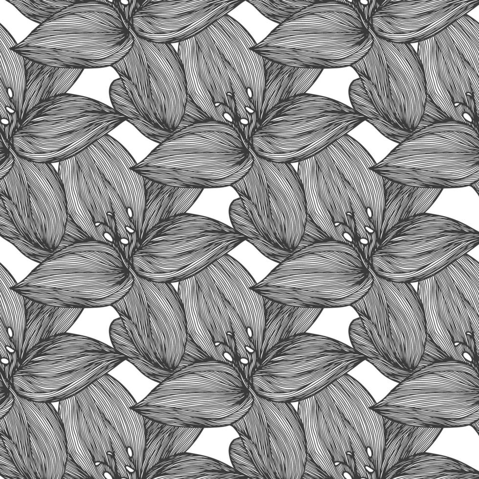 fondo vectorial floral en blanco y negro. patrón sin costuras de línea de flor de lirio lineal para diseño textil. vector patrón de flores en blanco y negro sin costuras.