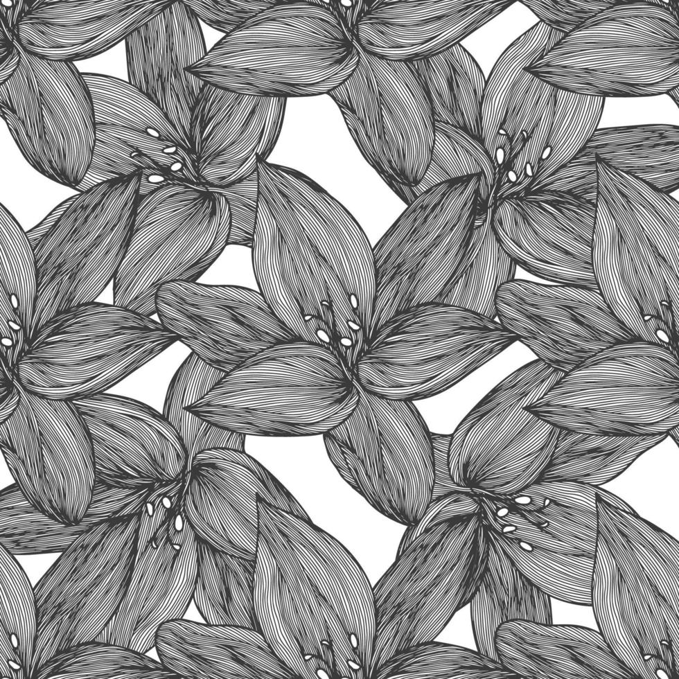 Floral vector background black and white. Linear lily flower line seamless pattern for textile design. Vector seamless black and white flower pattern.