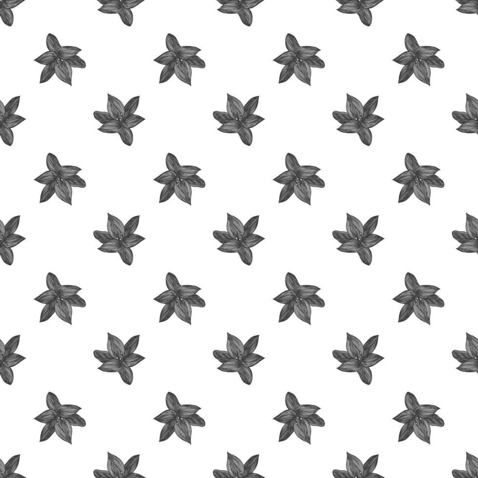 Floral vector background black and white. Linear lily flower line seamless pattern for textile design. Vector seamless black and white flower pattern.