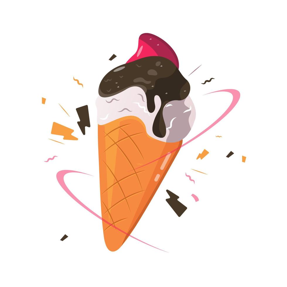 Vector illustration of ice cream with waffle cone, chocolate icing and jam