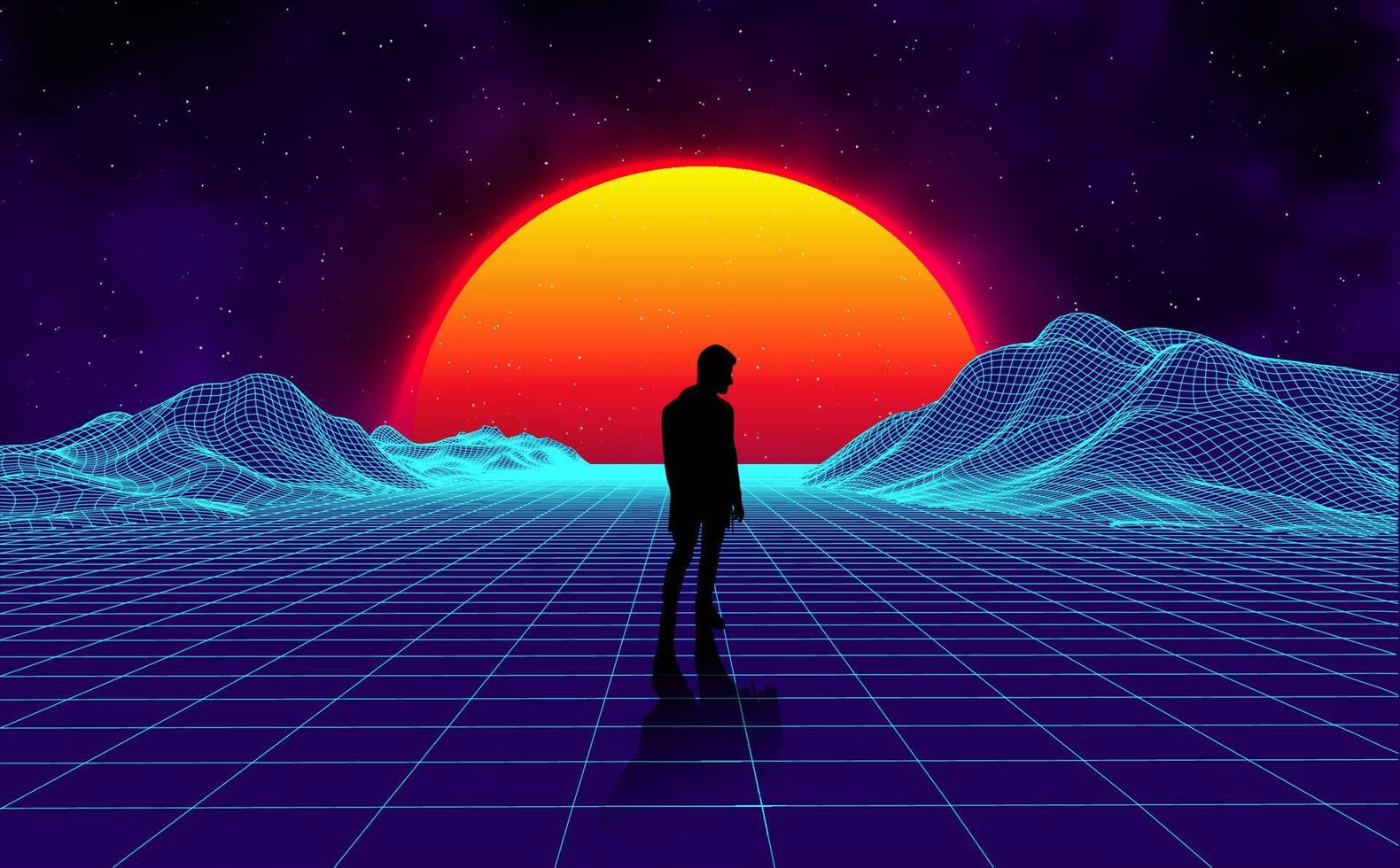 puesta de sol de fondo de paisaje retro paisaje 3d con silueta de hombre. paisaje futurista estilo años 80. superficie cibernética de paisaje retro digital. Fondo de fiesta de los 80. fondo de ciencia ficción de moda retro vector