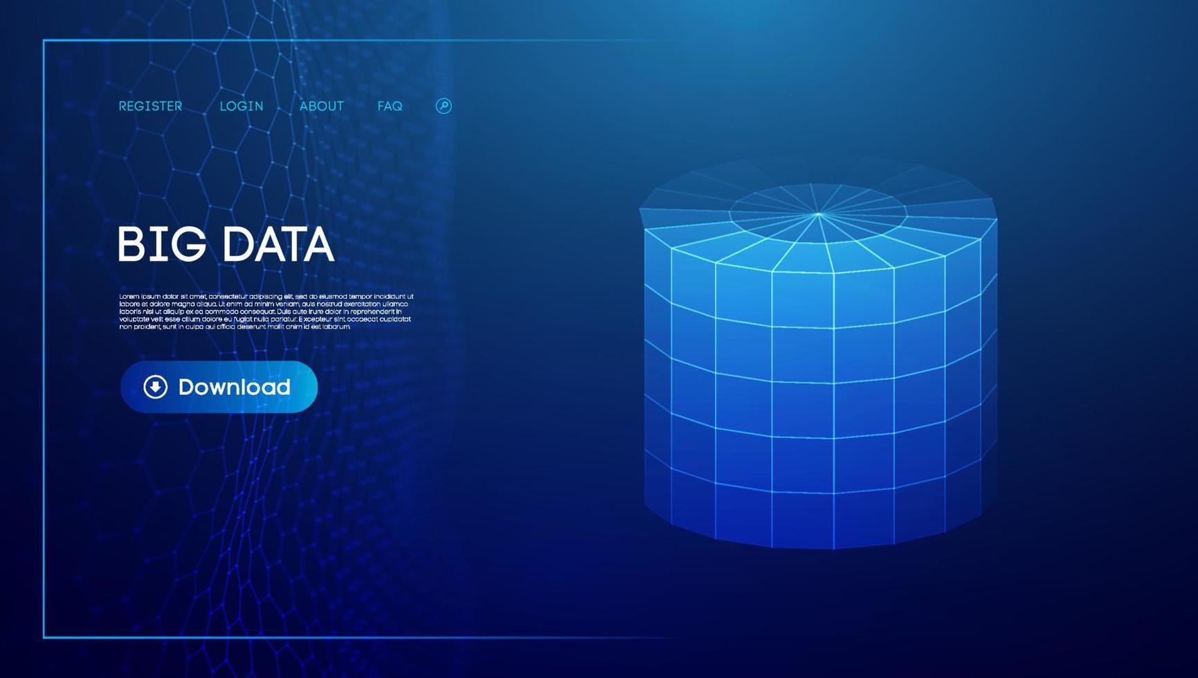 Bid data blue background. Wireframe cylinder vector. Network connection. vector