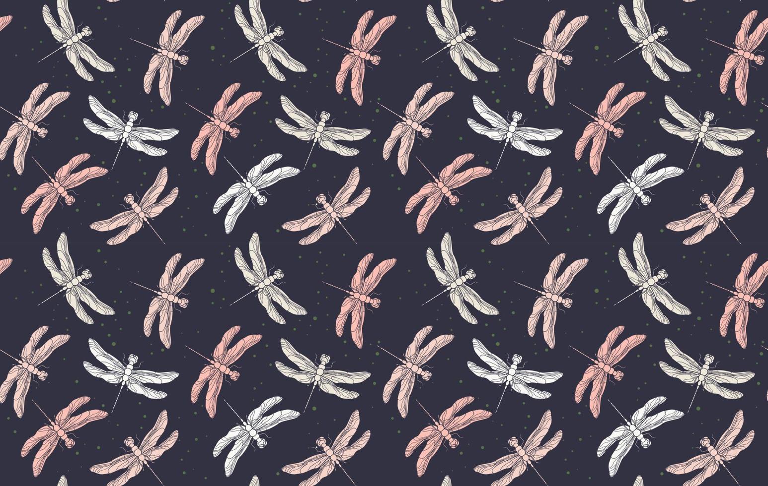 Dragonfly seamless pattern. Pink vintage retro print. Hand drawn vector illustration. Pink purple pattern in pastel tones. Pajama pattern design.