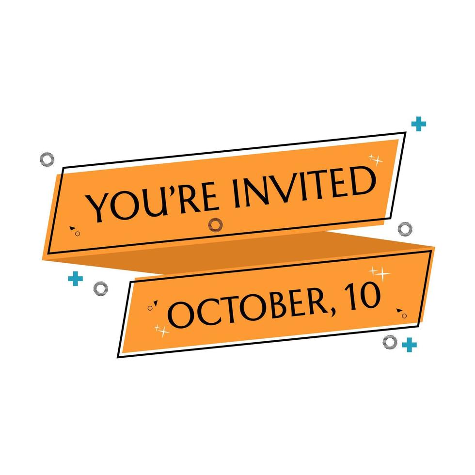 invitation banner with save the date text. memphis theme and orarnge background vector